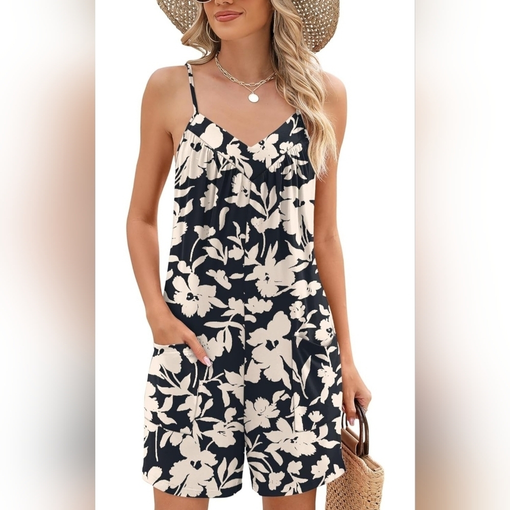 Elegant Black & Cream Floral Romper With Pockets